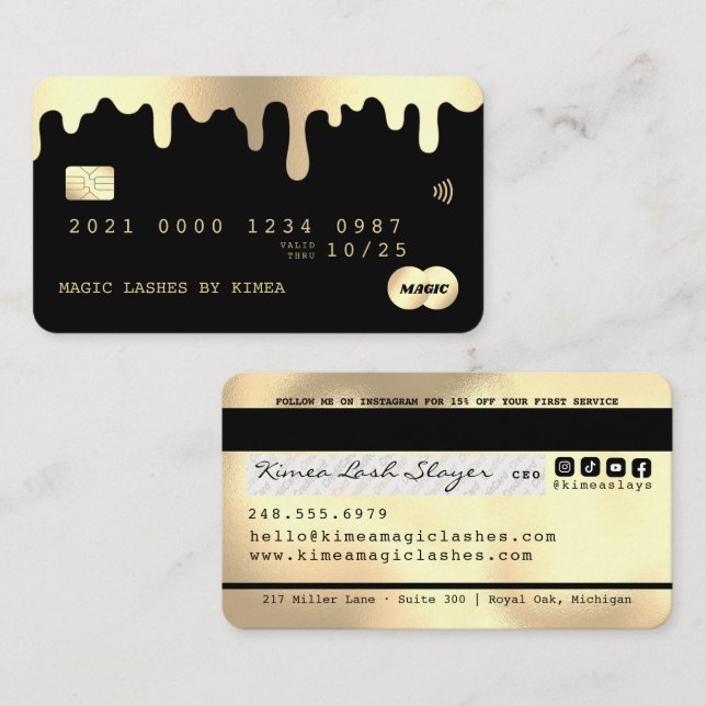 Tarjeta De Visita Beauty Lash Nail Tech Gold & Black Credit Style (Anverso / Reverso)