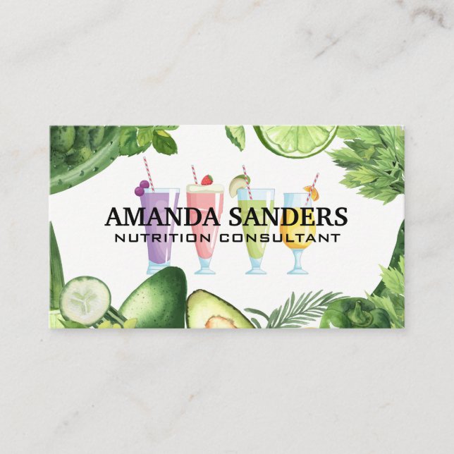 Tarjeta De Visita Bebidas Smoothie | Verduras de hojas verdes (Anverso)