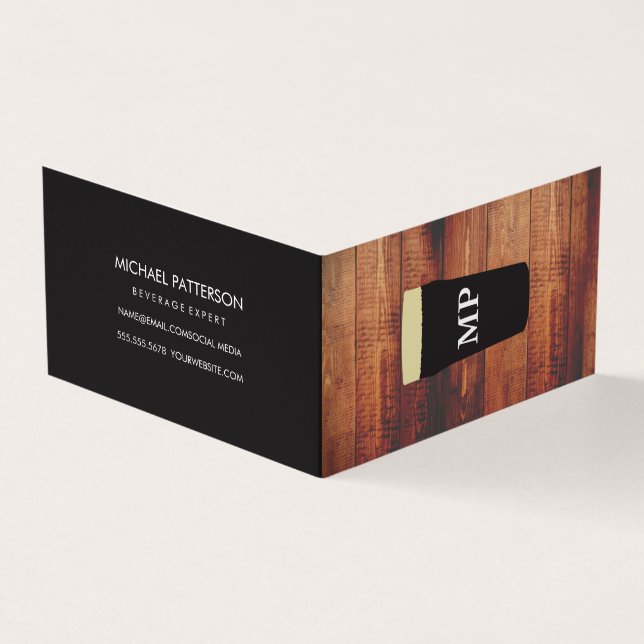 Tarjeta De Visita Beers Rustic Wood Square Element con monograma (Exterior)