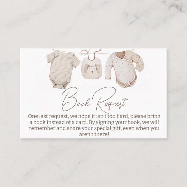 Tarjeta De Visita Beige Baby Clothes Baby Shower Solicitud de libro  (Anverso)