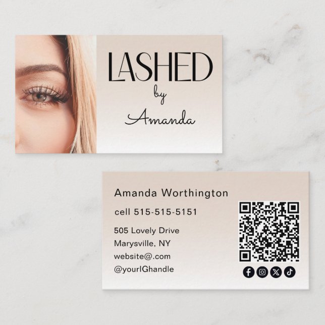 Tarjeta De Visita Beige Blush Lashed Photo QR Code Social Icons (Anverso / Reverso)