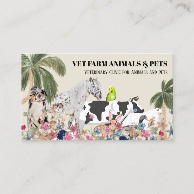 Tarjeta De Visita Beige Cow Sheep Dog Cat Bird Rabbit Duck Palm (Anverso)