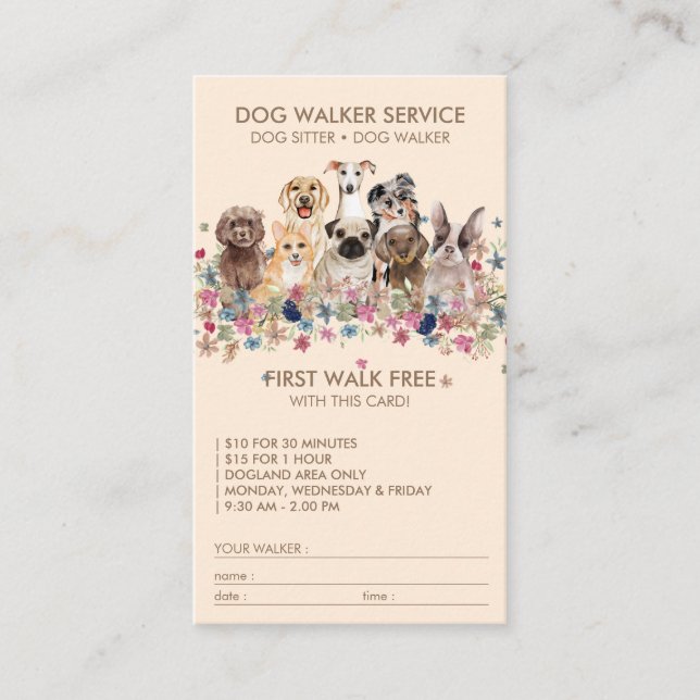 Tarjeta De Visita Beige Dog Walker Service Nombre de regalo gratuito (Anverso)