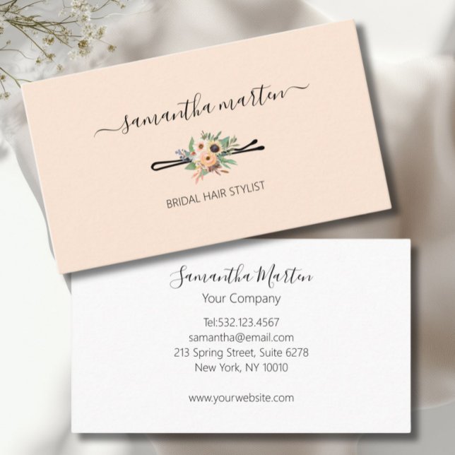 Tarjeta De Visita Beige Floral Hair Stylist (Floral Hair Stylist Business Card)