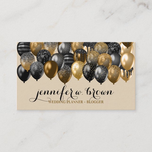 Tarjeta De Visita Beige & Gold Sprinkle Party Balloon Design (Anverso)