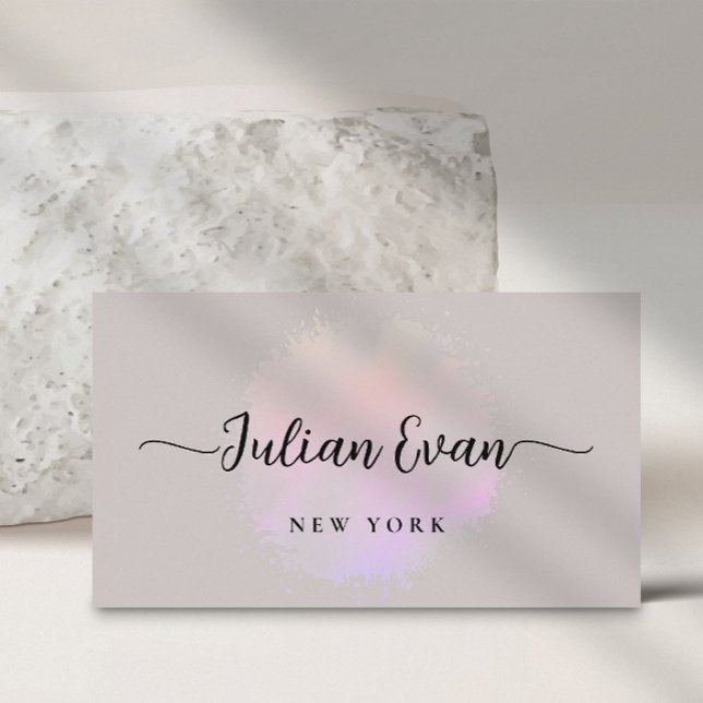 Tarjeta de visita Beige Holographic Luxe Script Mo (Subido por el creador)