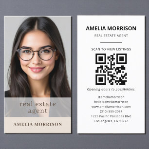 Tarjeta De Visita Beige Mocha Agente inmobiliario QR Foto de código