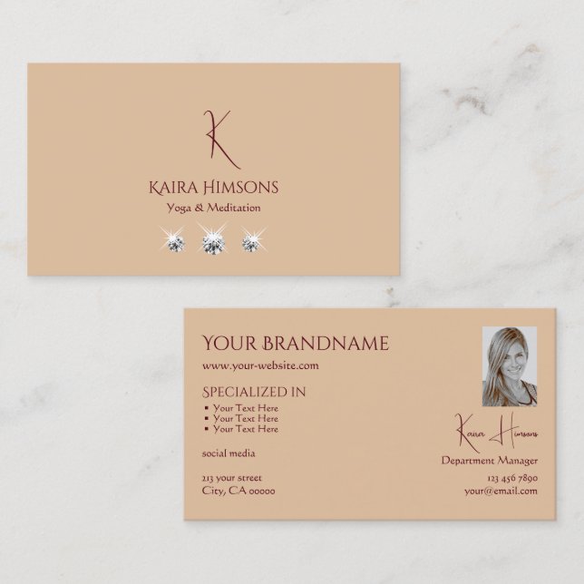 Tarjeta De Visita Beige moderno y sencillo con foto de un monograma  (Anverso / Reverso)