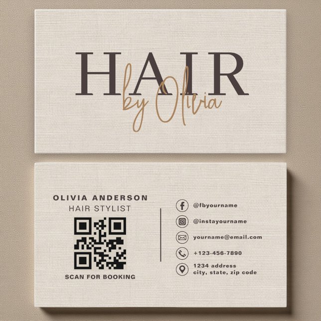 Tarjeta De Visita Beige Neutral Linen QR Code Hair Stylist  (Subido por el creador)