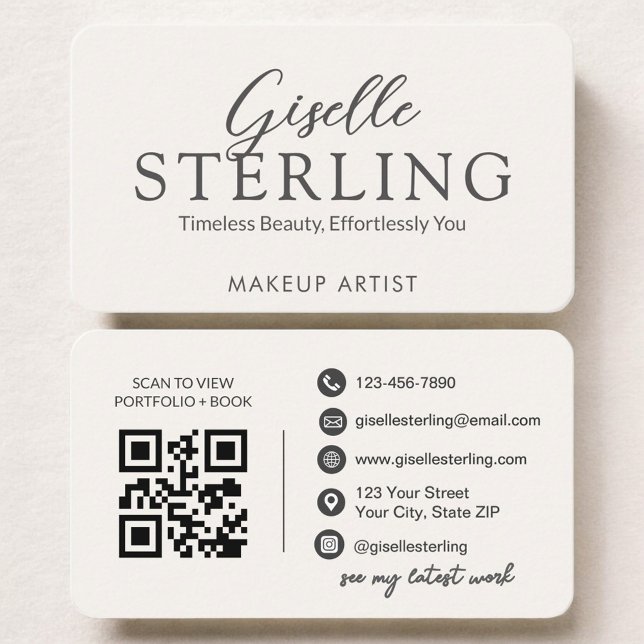 Tarjeta De Visita Beige Neutral Makeup Artist QR Code (Subido por el creador)
