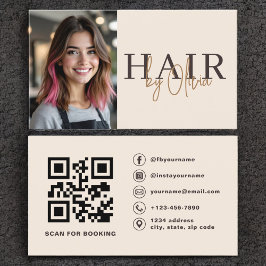 Tarjeta De Visita Beige Neutral Photo QR Code Hair Stylist 