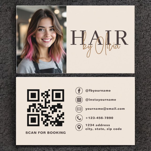 Tarjeta De Visita Beige Neutral Photo QR Code Hair Stylist  (Subido por el creador)