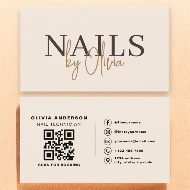 Tarjeta De Visita Beige Neutral QR Code Nail Specialist Artist (Subido por el creador)