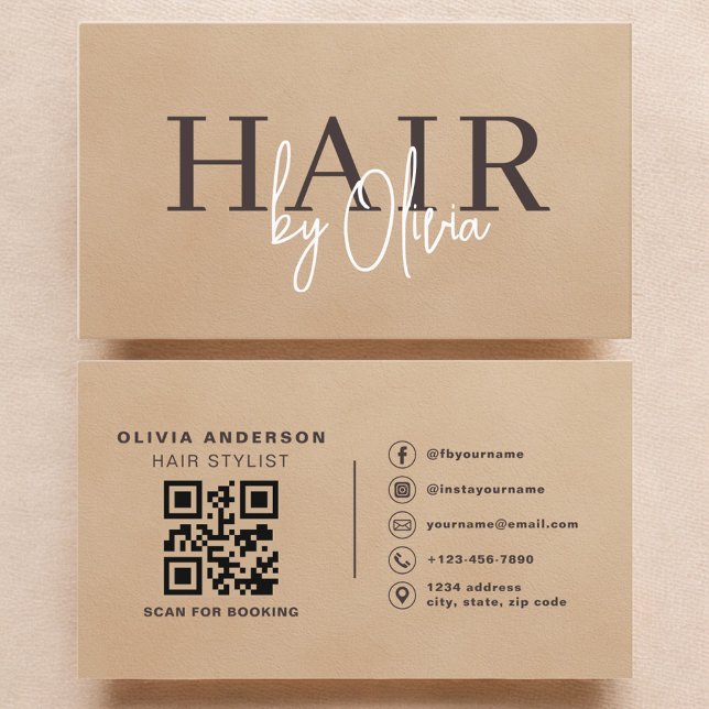 Tarjeta De Visita Beige Neutral Suede QR Code Hair Stylist  (Subido por el creador)