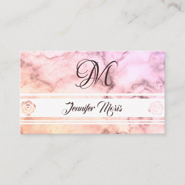 Tarjeta De Visita Beige rosado rosado de mármol pastel con monograma (Anverso)