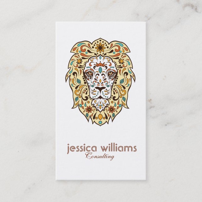 Tarjeta De Visita Beige y Brown Lion Head Sugar Skull (Anverso)