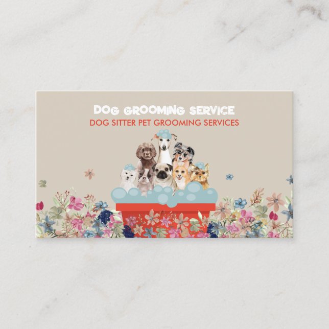 Tarjeta De Visita Beis Red Dog Grooming Bath Bed Floral (Anverso)