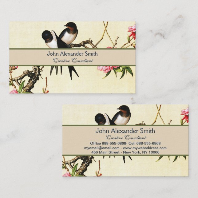 Tarjeta De Visita Bella Artes chino de Flores y Aves (Anverso / Reverso)
