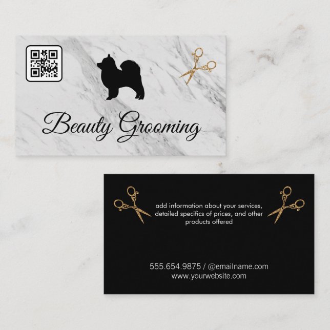 Tarjeta De Visita Bella Perro Grooming Tijeras | Mármol | Código QR (Anverso / Reverso)
