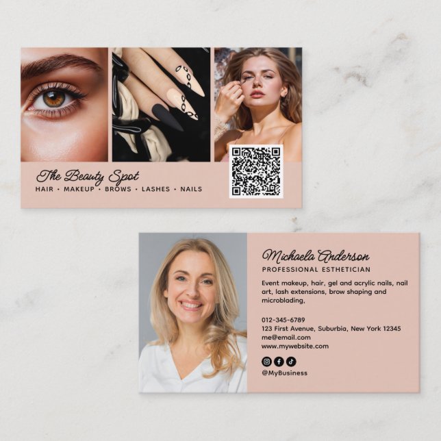 Tarjeta De Visita Belleza / Cabello / Pestañas / Uñas Código QR de 4 (Anverso / Reverso)
