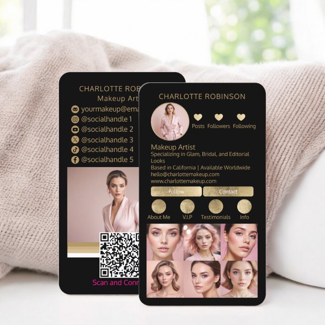 Tarjeta De Visita Belleza de maquillaje negro de oro Influencia en m (Gold black Makeup beauty Social Media Influencer Business Card instagram)