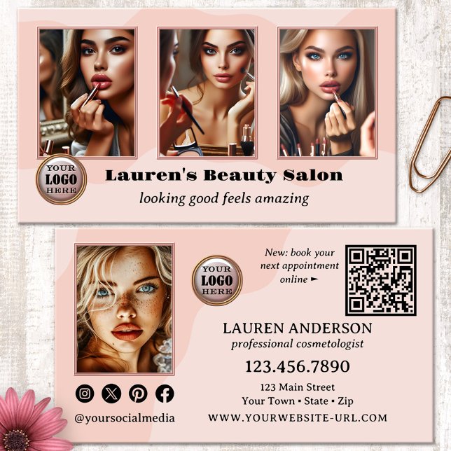 Tarjeta De Visita Belleza de portafolio profesional rosado (Beauty business card featuring your custom photo portfolio on a creative pink elegant design)
