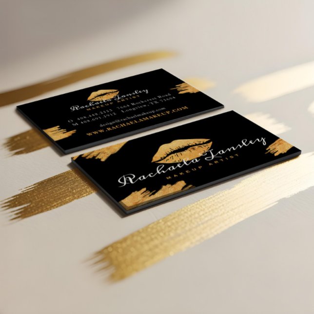 Tarjeta De Visita Belleza glamurosa Artista de maquillaje de Labios  (Luxury Glamorous Black & Gold Lips Makeup Artist Business Card)