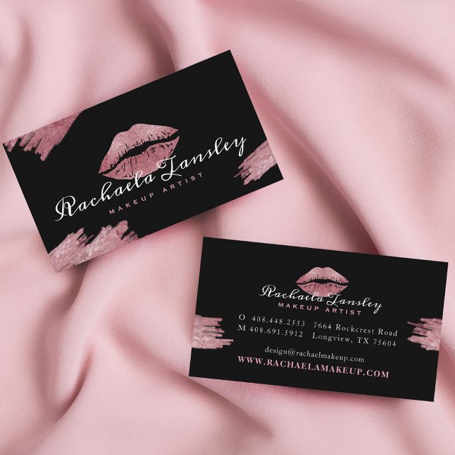 Tarjeta De Visita Belleza glamurosa Artista de maquillaje negro y ro (Glamorous Beauty Black & Pink Lip Makeup Artist Business Card)