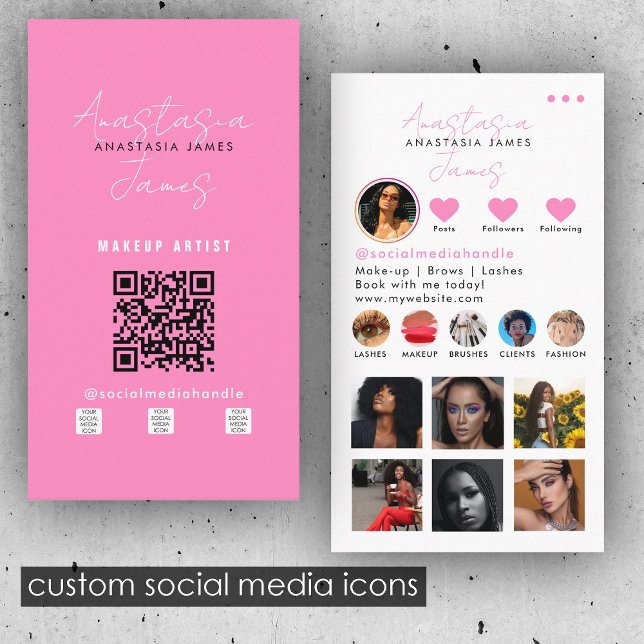 Tarjeta De Visita Belleza Influenciadora Social Media QR Código Rosa (Beauty Influencer Social Media QR Code Pink Business Card)