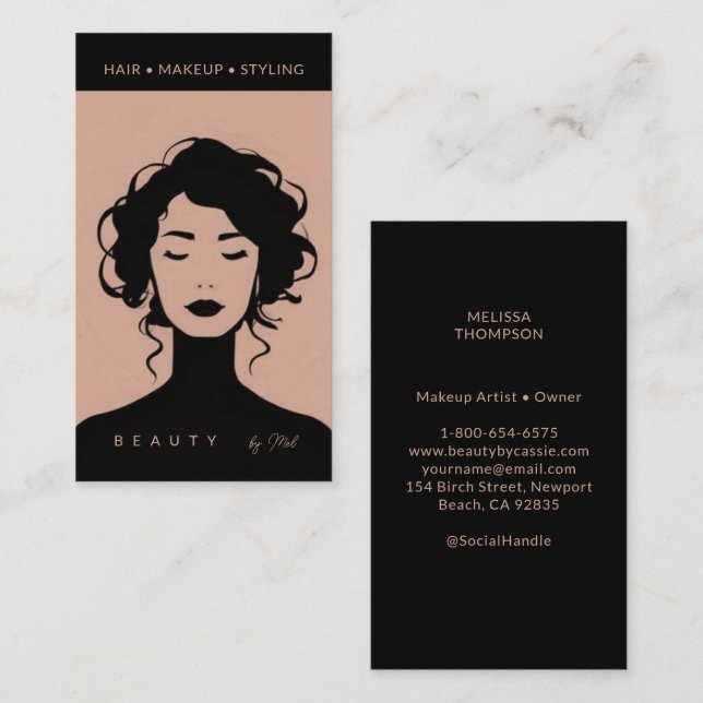Tarjeta De Visita Belleza moderna maquillaje uñas de pelo rosado y n (Anverso / Reverso)