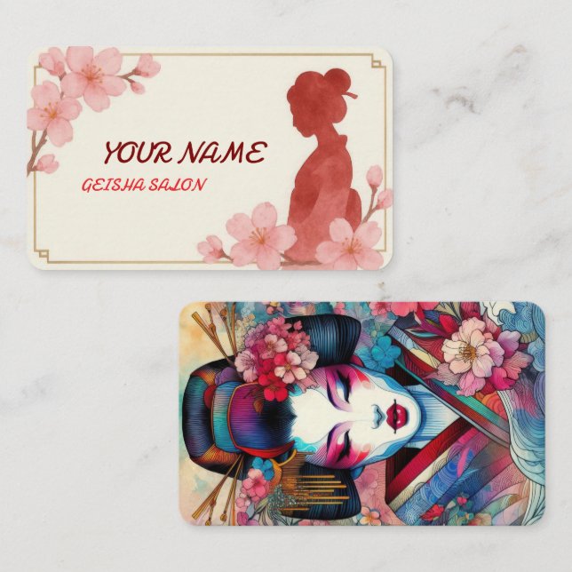 Tarjeta De Visita Belleza oriental Salón Geisha acuarela sakura arte (Anverso / Reverso)