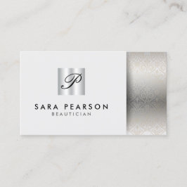 Tarjeta De Visita Belticista elegante Monograma plateado Damasco