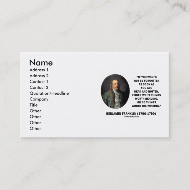 Tarjeta De Visita Benjamin Franklin escribe cosas digno de la (Anverso)