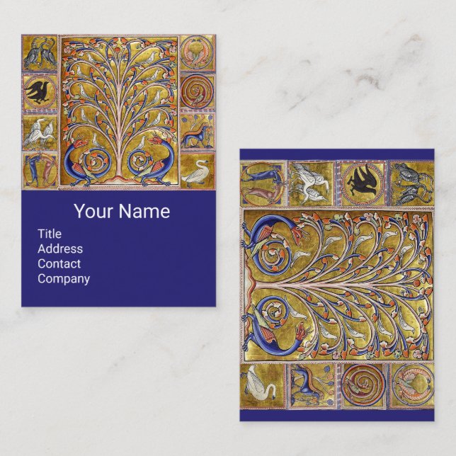 TARJETA DE VISITA BESTIARIO MEDIEVAL, AVES, ÁRBOL DE VIDA, DRAGONES  (Anverso / Reverso)