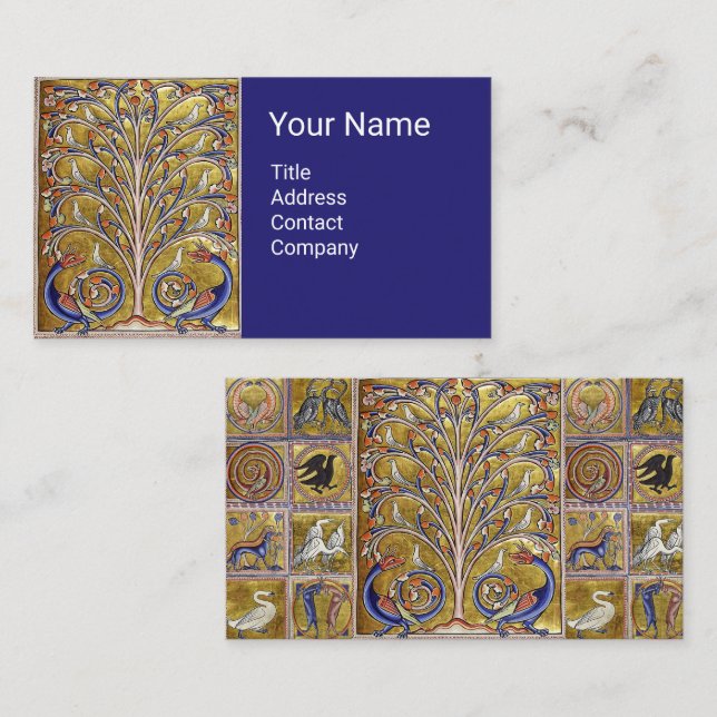 TARJETA DE VISITA BESTIARIO MEDIEVAL, AVES EN ÁRBOL DE VIDA, DRAGONE (Anverso / Reverso)