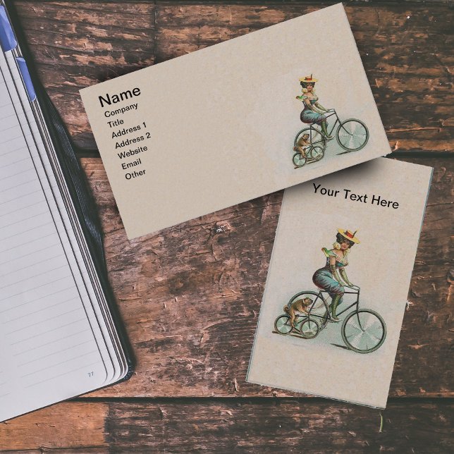 Tarjeta De Visita Bicicleta virgen Lady Dog (Victorian lady riding bicycle beside bulldog on bike on tan business cards.)