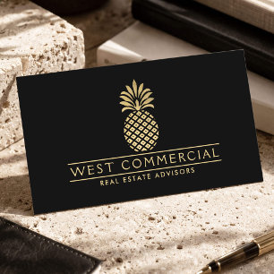 Tarjeta De Visita Bienes Raíces Comerciales Piña Dorada Lujo Negro