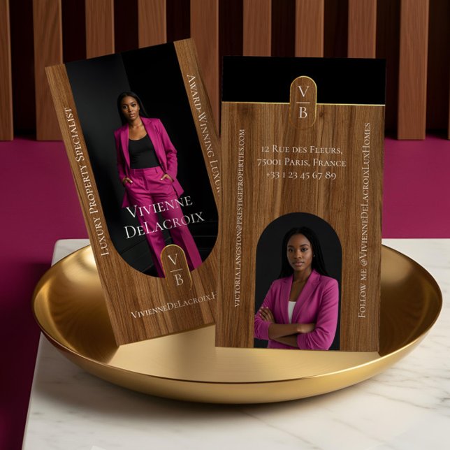 Tarjeta De Visita Bienes Raíces de Lujo Foto Elegante de Madera y Do (Luxury Real Estate Elegant Woodgrain & Gold Photo Business Card)