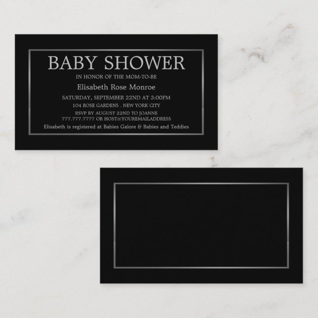 Tarjeta De Visita Billete Baby Shower moderno y elegante, negro y pl (Anverso / Reverso)