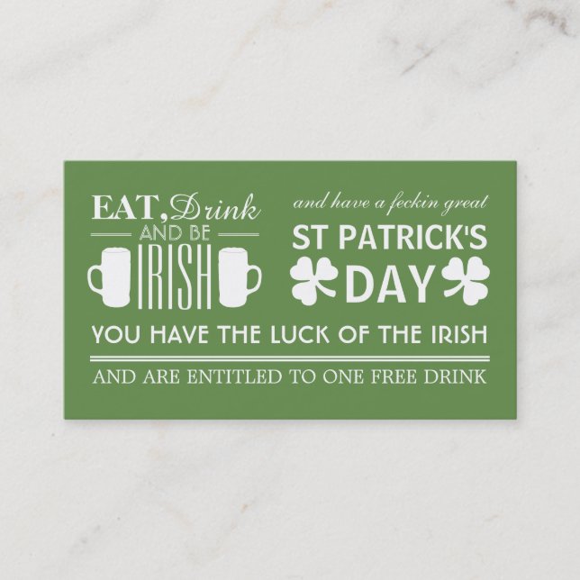 Tarjeta De Visita Billete de bebidas de Shamrock & Beer Irish St Pat (Anverso)