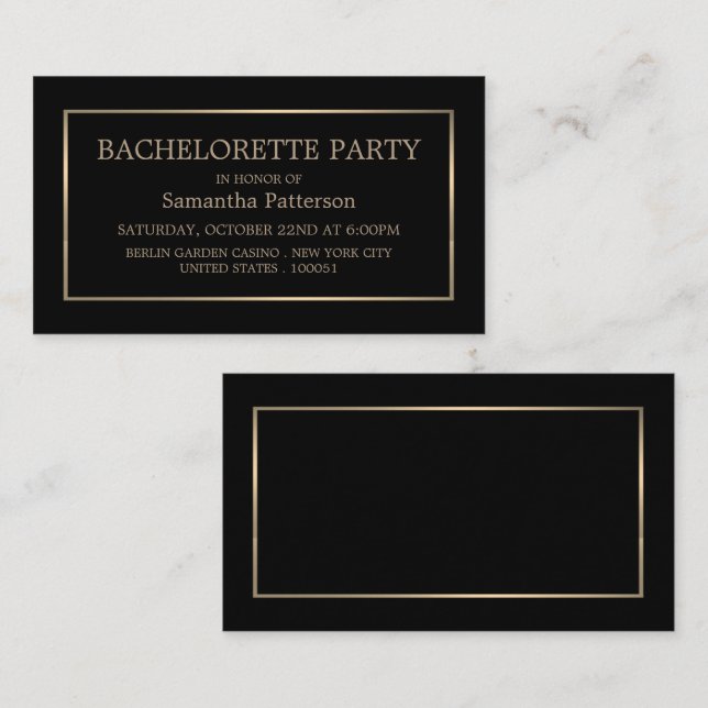 Tarjeta De Visita Billete moderno Black & Gold Bachelorette Party (Anverso / Reverso)