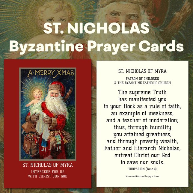 TARJETA DE VISITA BISHOP ST. NICHOLAS DE MYRA PRAYER HOLY (St. Nicholas of Myra Byzantine Catholic Prayer Cards with Santa Claus holding Jesus )