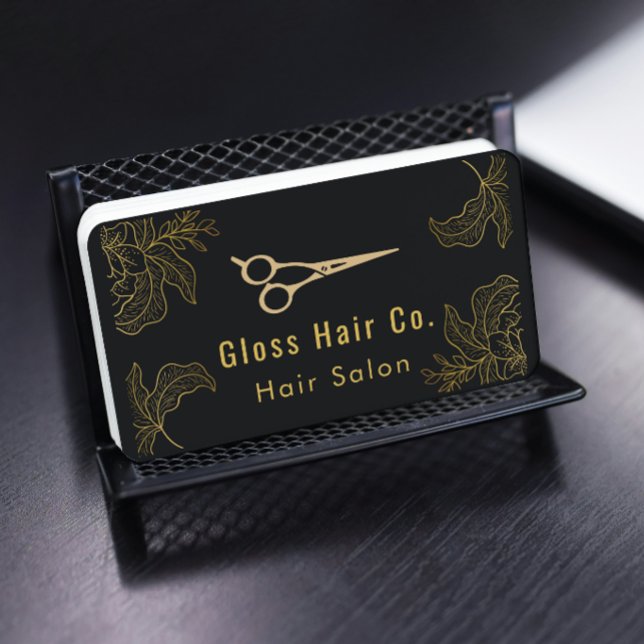 Tarjeta De Visita Black and Gold Floral Hair Salon Elegant Luxury (Subido por el creador)