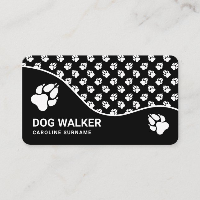 Tarjeta De Visita Black And White Animal Paws Dog Walker Mascota Sen (Anverso)
