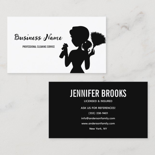 Tarjeta De Visita Black and white Cleaning Service Housekeeper Maid (Anverso / Reverso)