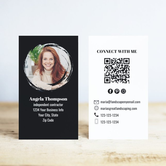 Tarjeta De Visita Black and White Photo QR Code Connect with Me (Business card with black and white with QR code template.)