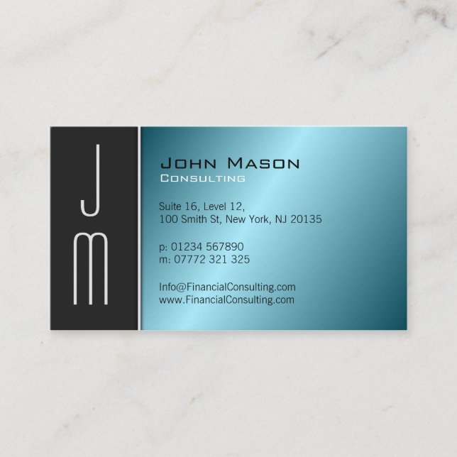 Tarjeta De Visita Black Aqua Monogram Professional Business Card (Anverso)