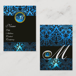 Tarjeta De Visita BLACK AZUL DAMASK FLORAL MONOGRAM Sapphire Gem