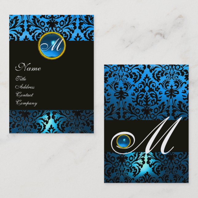 Tarjeta De Visita BLACK AZUL DAMASK FLORAL MONOGRAM Sapphire Gem (Anverso / Reverso)