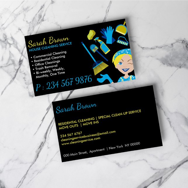 Tarjeta De Visita Black Blue Janitorial Glove Apron Maid (Black Blue Janitorial Gloved Apron Maid Business Card)
